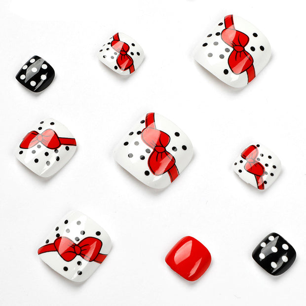 Black And White Dotted Red Bow Toenail Manicure Wearable Manicure Wholesale Fake Nails Nail Stickers Nails