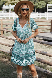 Bohemian Print Gathered Bust Mini Dress - Summer Dress - Beach Dress
