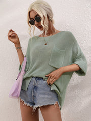 Boat Neck Cuffed Sleeve Slit Tunic Knit Top