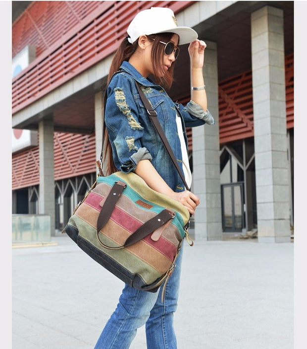 KVKY Brand Fashion Canvas Bag Brand Women Handbag Classic Patchwork Casual Female Shoulder Bags Striped Rainbow Purse Pouch