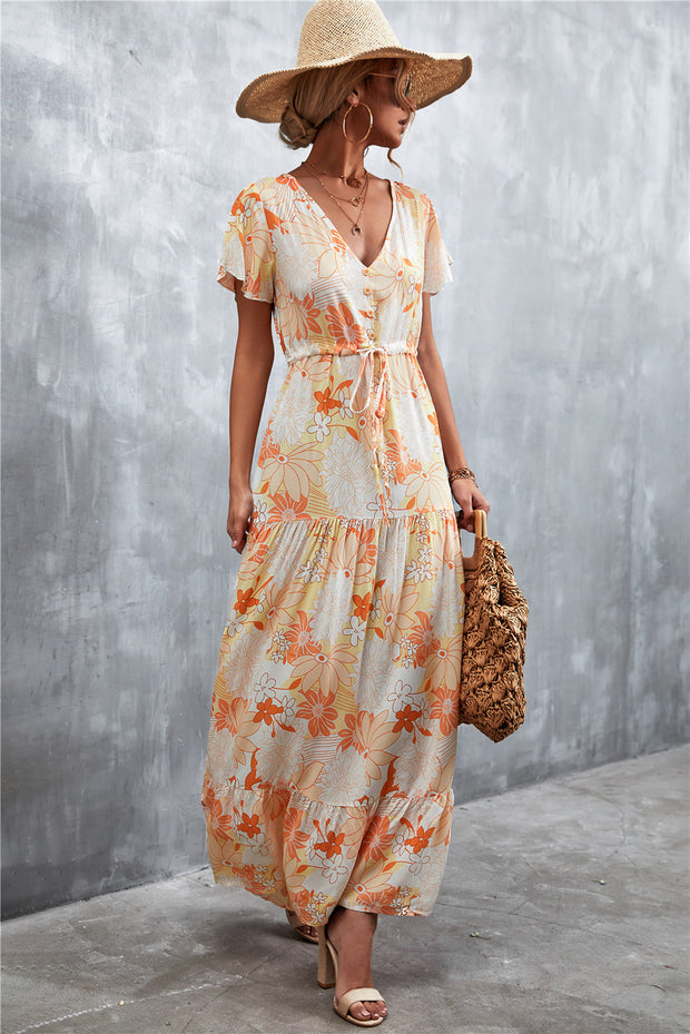 Floral Buttoned Drawstring Waist Tiered Dress