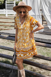 Bohemian Print Gathered Bust Mini Dress - Summer Dress - Beach Dress