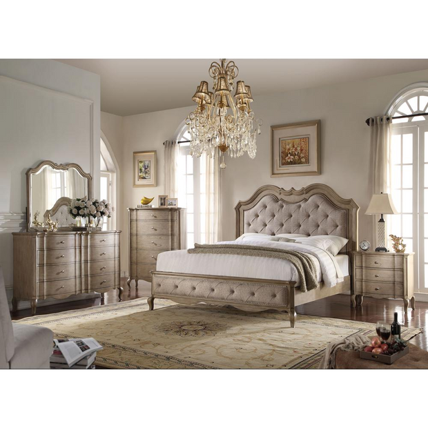 ACME Chelmsford Queen Bed, Beige Fabric & Antique Taupe (1Set/3Ctn)