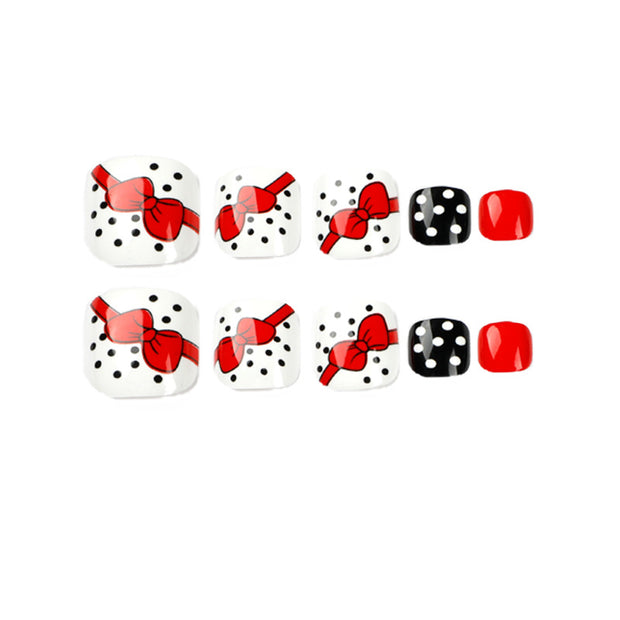 Black And White Dotted Red Bow Toenail Manicure Wearable Manicure Wholesale Fake Nails Nail Stickers Nails