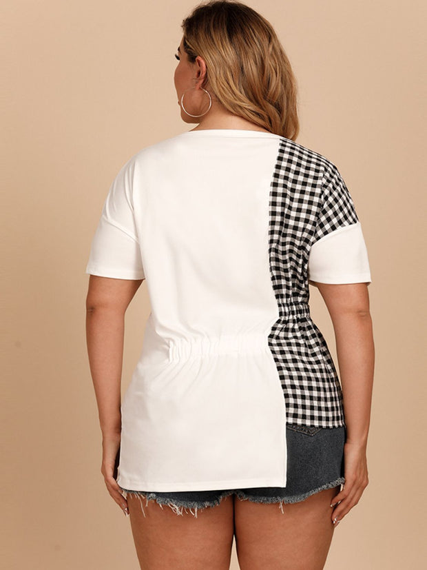 Plus Size Gingham Color Block Asymmetrical T-Shirt