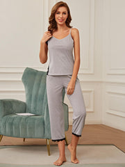 V-Neck Lace Trim Slit Cami and Pants Pajama Set