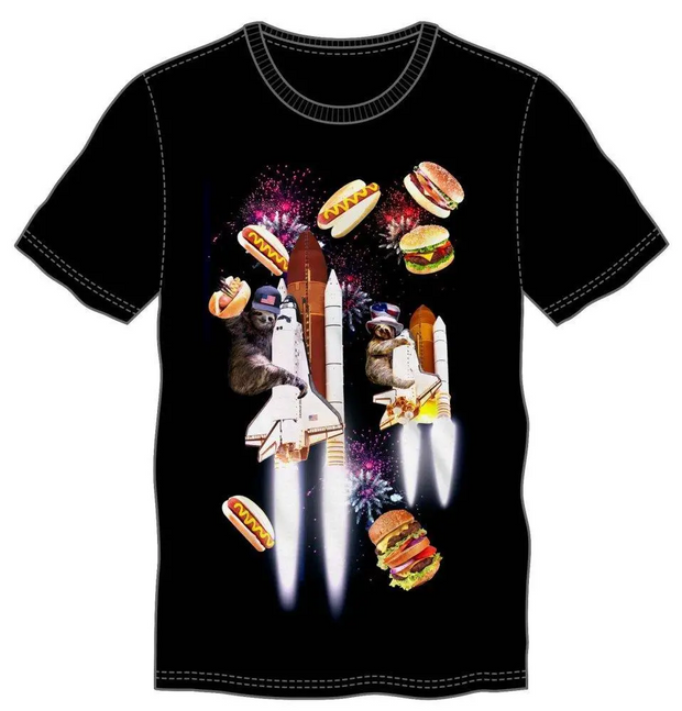 Celebration Sloth Space Shuttle Firework Party With Hamburgers &amp; Hotdogs 男式黑色 T 恤 T 恤