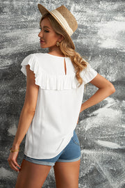 Lace Yoke Ruffled Short Sleeve T-Shirt