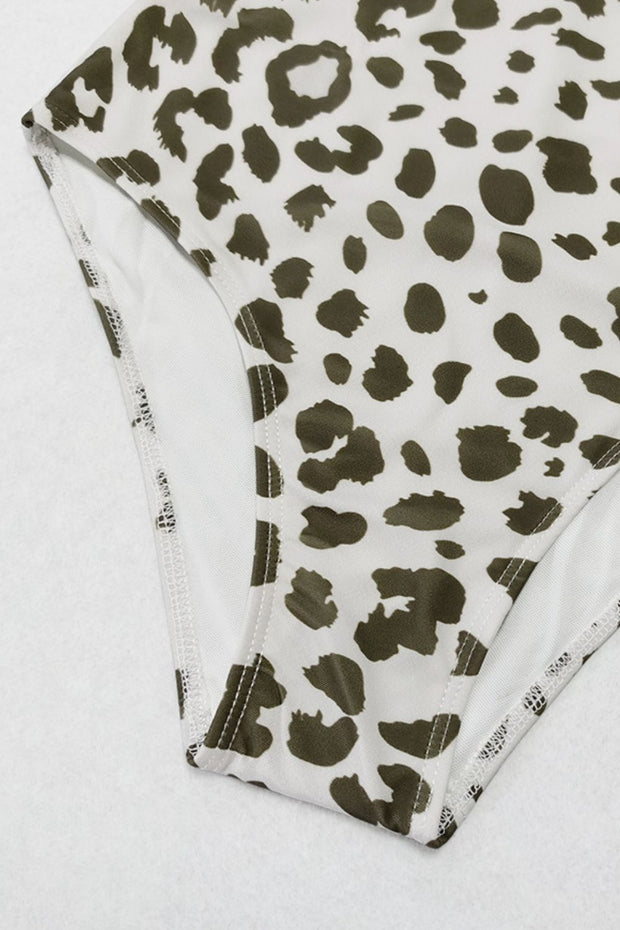 豹纹镂空带衬里连体泳衣