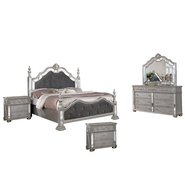 Gray Velvet 5 Piece Bedroom Set with Bed Posts & Reflective Panels, 2 Nightstands - California King