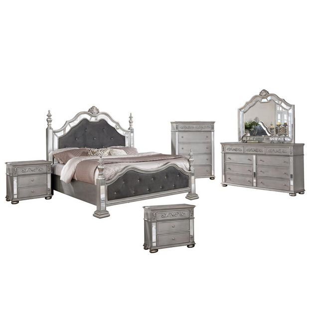 Gray Velvet 6 Piece Bedroom Set with Bed Posts & Reflective Panels - Queen