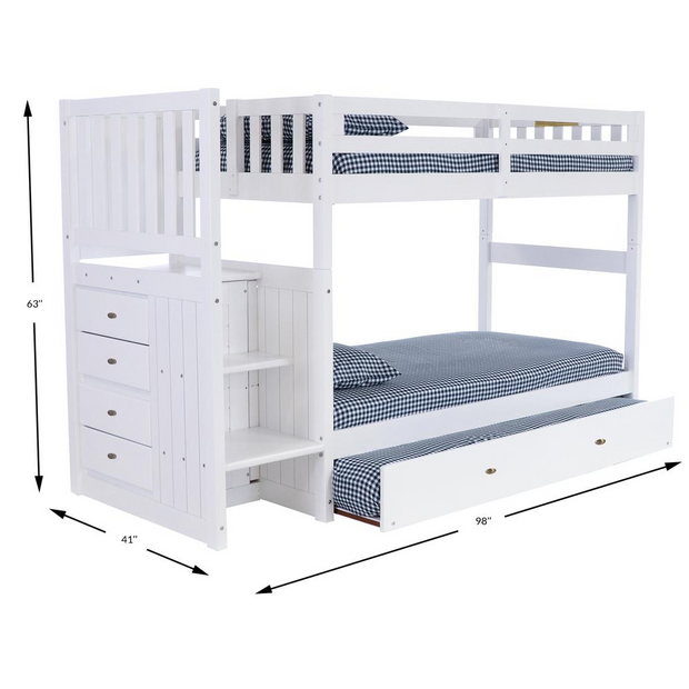 OS Home and Office Furniture Model 0217TTTRU-22, Solid Pine Mission Staircase Twin over Twin Bunk Bed with Four Drawer Chest and a Roll Out Twin Trundle bed in Casual White.