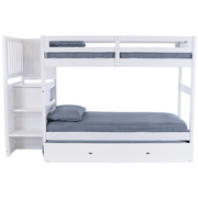 OS Home and Office Furniture Model 0217TTTRU-22, Solid Pine Mission Staircase Twin over Twin Bunk Bed with Four Drawer Chest and a Roll Out Twin Trundle bed in Casual White.