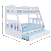 OS Home and Office Furniture Model 0219TRU-22, Solid Pine Twin over Full Bunk Bed with Roll out Twin Trundle bed in Casual White.