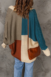 Cardigan à manches chauve-souris en tricot torsadé à blocs de couleurs