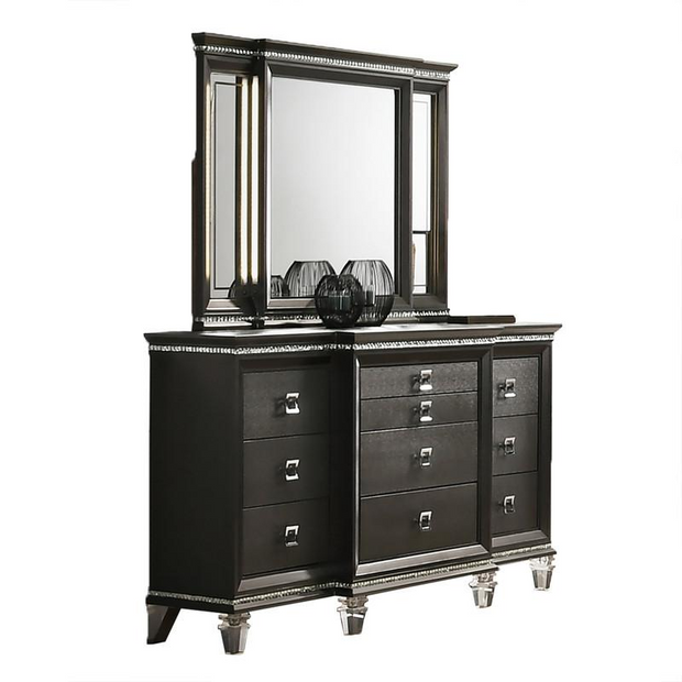 5PC California King Bedroom Set: 1 Panel Bed, 2 Night Stands, 1 Dresser with 8 Drawers and Two Jewelry Drawers, and 1 Mirror