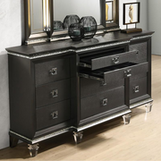 6PC Eastern King Bedroom Set: 1 Panel Bed, 2 Night Stands, 1 Chest with 5 drawers, 1 Dresser with 8 Drawers and Two Jewelry Drawers, and 1 Mirror