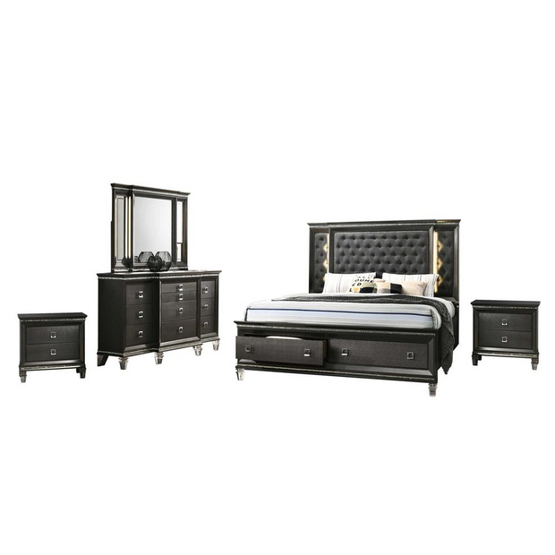 5PC Eastern King Bedroom Set: 1 Panel Bed, 2 Night Stands, 1 Dresser with 8 Drawers and Two Jewelry Drawers, and 1 Mirror