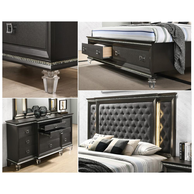 5PC Eastern King Bedroom Set: 1 Panel Bed, 2 Night Stands, 1 Dresser with 8 Drawers and Two Jewelry Drawers, and 1 Mirror