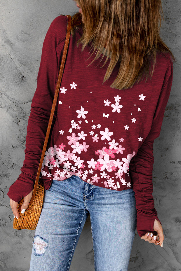 Floral Round Neck Thumbhole Sleeve Top