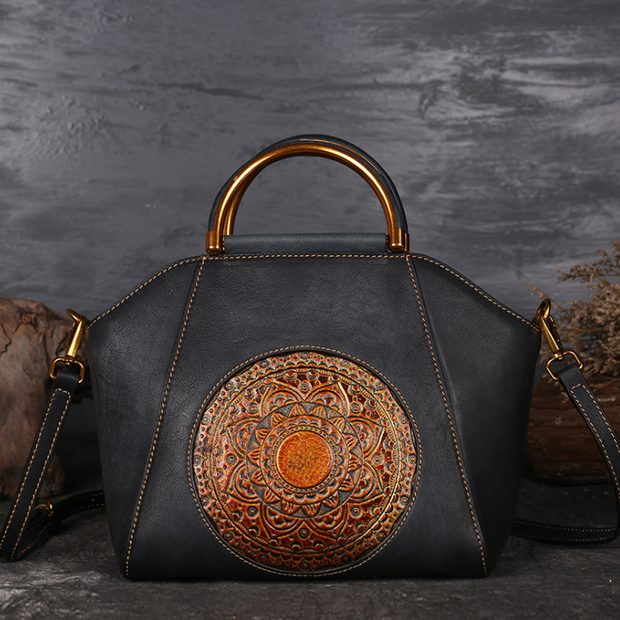 Genuine Embossed Leather Messenger Top Handle Bag Retro Handbag Totem Pattern High Quality Natural Skin Women Shoulder Tote Bags
