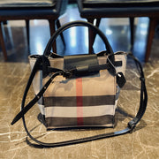 Luxury Plaid Canvas Women's Bag High Capacity Genuine Leather Female Bucket Tote Handbag Business Top Handle Shoulder Bag