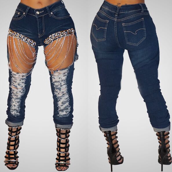 Jeans chaîne déchirés pour femmes grande taille 2xl jeans skinny