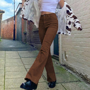 Jeans bootcut stretch taille haute marron femme pantalons décontractés