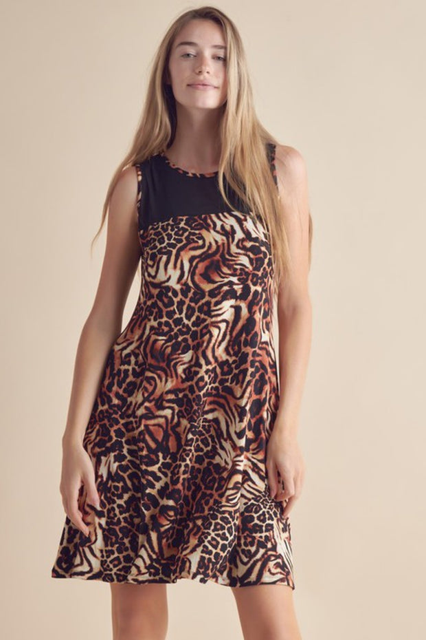 Yelete Full Size Animal Print Round Neck Sleeveless Dress with Pockets