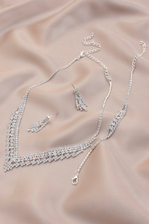 V Shape Rhinestone Bridal Bracelet Necklace Set