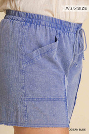 Mineral Wash Frayed Edged Elastic Waistband And Drawstring Shorts With Pockets