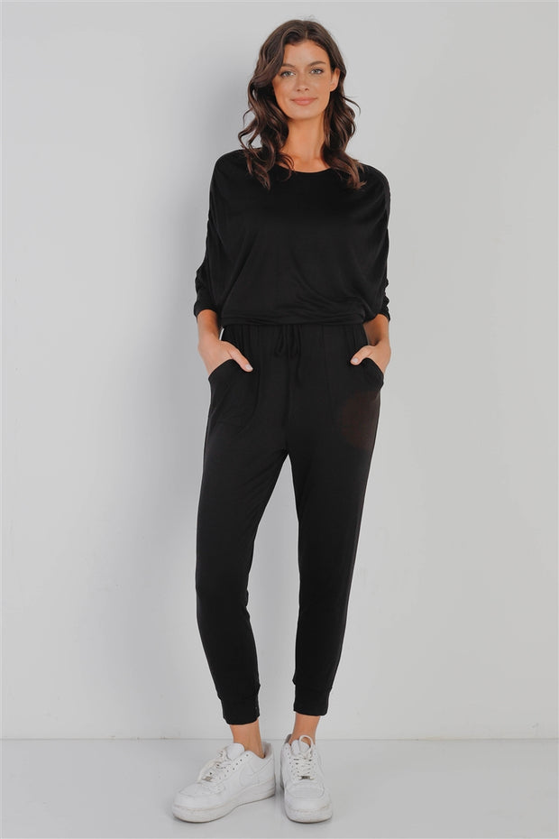 Ruched Detail Dolman Midi Sleeve Fitted Waistline Jumpsuit