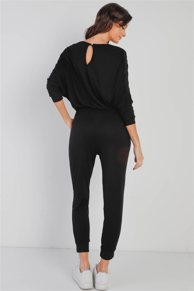 Ruched Detail Dolman Midi Sleeve Fitted Waistline Jumpsuit