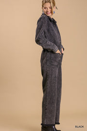 Mid button down stone wash wide leg distressed jumpsuit & side pockets with no lining