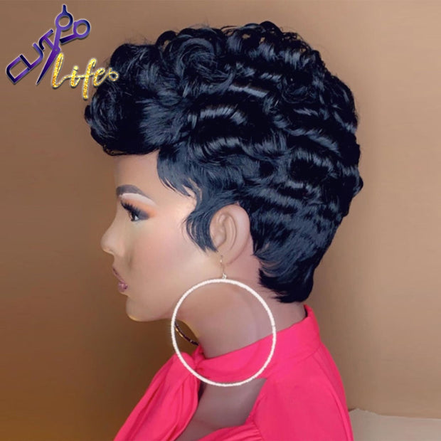 The Cut Life Short Curly Bob Pixie Cut Full Machine Made No Lace Human Hair Wigs With Bang For Black Women Remy Brazilian Hair