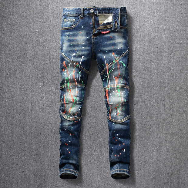 Streetwear américain Mode Hommes Jeans Peint Designer Slim Fit Élastique Punk Pantalon Spliced ​​Biker Jeans Homme Hip Hop Pantalon