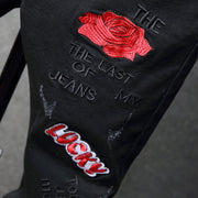 Sokotoo Hommes de fleur rouge lettres broderie jeans noir Fahion badge pantalon en denim stretch