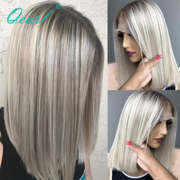 Ashy Grey Blonde Human Hair Lace Front Wig Short Bob Straight Frontal Wigs Platinum White Highlights 13x1 Virgin Hair 150% Qearl