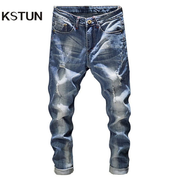 Ripped Jeans Men Slim Fit Light Blue Stretch Fashion Streetwear Frayed Hip Hop Distressed Casual Denim Jeans Pants Male Trousers