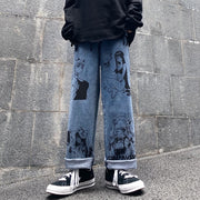 Vintage Washed Jeans Women Streetwear Jeans Harajuku Cartoon Anime Print Jeans Fashion Girl Jeans Loose Wide Leg Pants Cotton