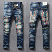American Streetwear Fashion Men Jeans Painted Designer Slim Fit Elastic Punk Trousers Spliced Biker Jeans Homme Hip Hop Pants