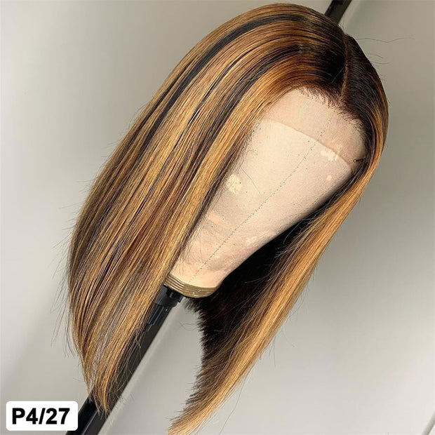 13X4 Highlight Lace Front Wig Bone Straight Human Hair Wigs Honey Blonde Brown 150% Ombre Highlight Bob 4x4 Lace Closure Wig