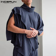Fashion Men Vests Striped Turtleneck Sleeveless Cloak Streetwear Ponchos Irregular Vests 2022 Loose Casual Men Waistcoat INCERUN