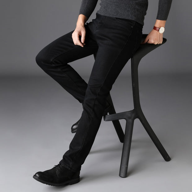 男士弹力黑色牛仔裤经典款商务时尚纯黑色修身牛仔裤男品牌休闲长裤