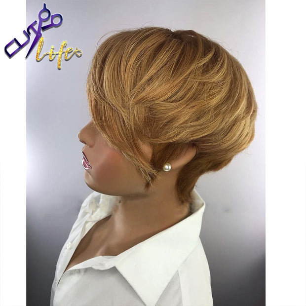 Honey Blonde Color Short Wavy Bob Pixie Cut Full Machine Made Non Lace Human Hair Wigs For Black Woman Remy Brazilian Hair