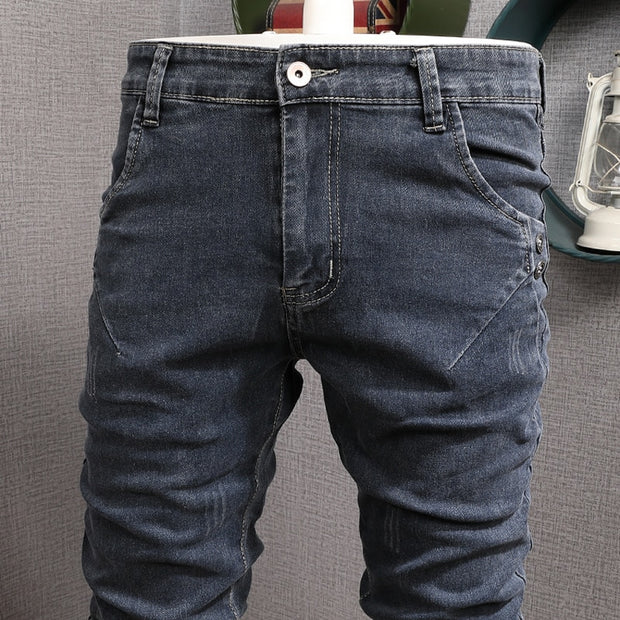 Newly Designer Fashion Men Jeans Retro Blue Gray Slim Fit Elastic Casual Denim Pencil Pants Korean Style Streetwear Trousers