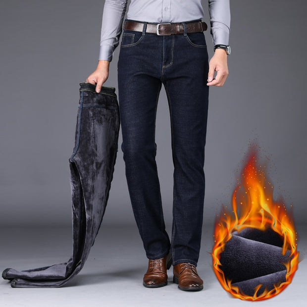 2022 Winter New Men&#39;s Warm Slim Fit Jeans Business Fashion Thicken Denim Trousers Fleece Stretch Brand Pants Black Blue