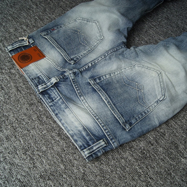 Mode italienne hommes jean rétro gris clair bleu élastique coton Slim Fit déchiré jean hommes Vintage Designer Denim boutons pantalon