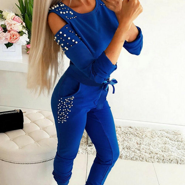 Tracksuit Women Two Piece Set Beading Decor Cold Shoulder Long Sleeve Top + Pants Jogger Suit Female Casual Lounge Wear Outfits
