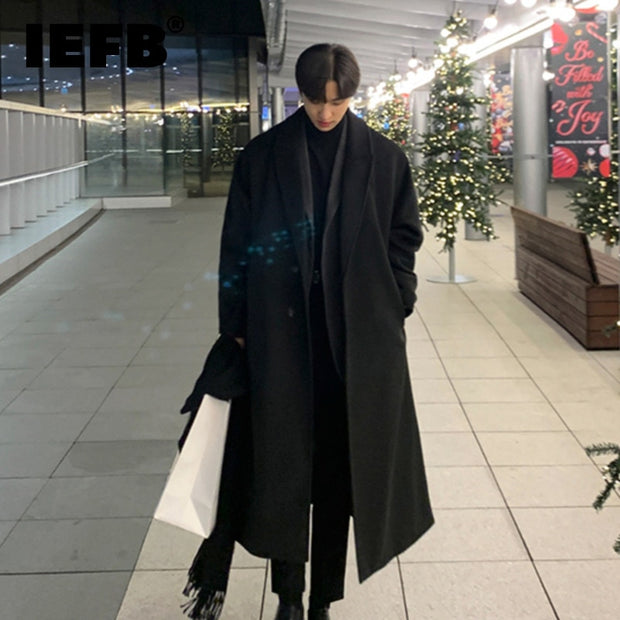 IEFB Korean Trend Men&#39;s Loose Casual Single-breasted Overcoat Autumn Winter Fashion New Long Sleeve Woolen Long Coat 9D1665